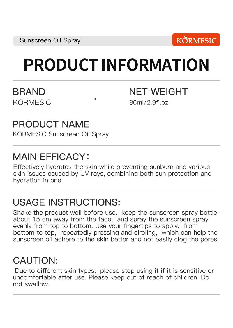 KORMESIC Hydrating And Non-greasy Sunscreen Spray 86ml_voghion.com