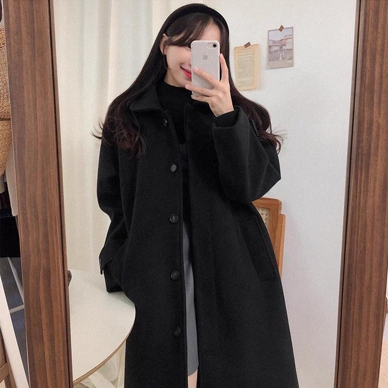 Black Women, Mid-Length, 2024 New Autumn Winter Korean Hepburn Style Wool Coat For Petite Women_voghion.com