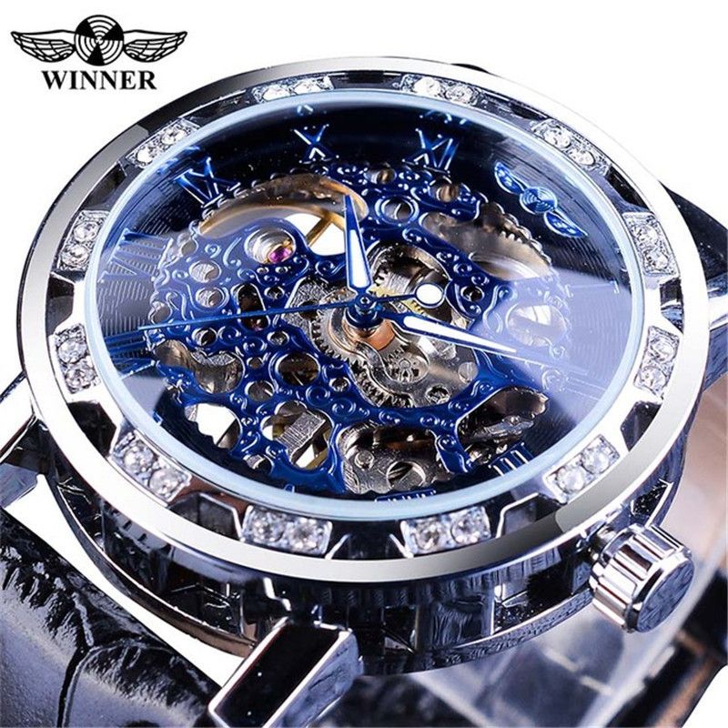 Men's Fashion Skeleton Mechanical Watch With Rhinestones - Hand-Winding Luxury Timepiece, 40mm Leather Strap, Stainless Steel Buckle_voghion.com