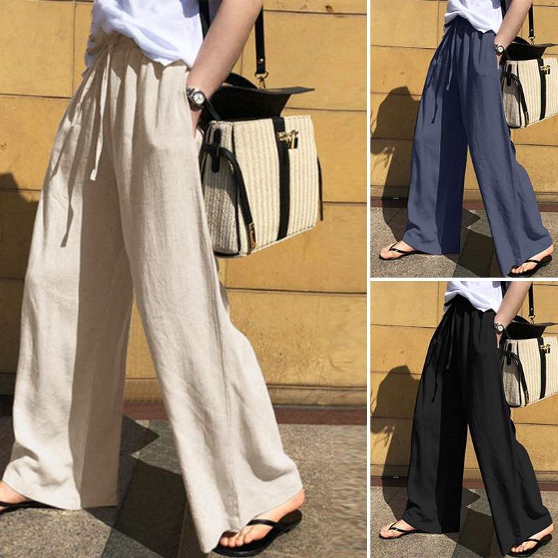 Pantaloni a gamba larga da donna, pantaloni di lino da donna alla moda a vita alta, pantaloni larghi casual in tinta unita all'ingrosso_voghion.com