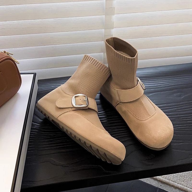 New New Half Pond Elastic Sock Boots For Women, New Style Short Suede Soft Leather Slim Boots, Flat Toast Shoes_voghion.com