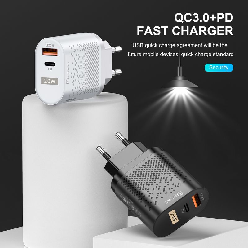 syct QC3.0 Fast Charging PD 20W Compatible With Iphone 13 12 USB-A+Type-C Dual Port EU Plug Charger_voghion.com