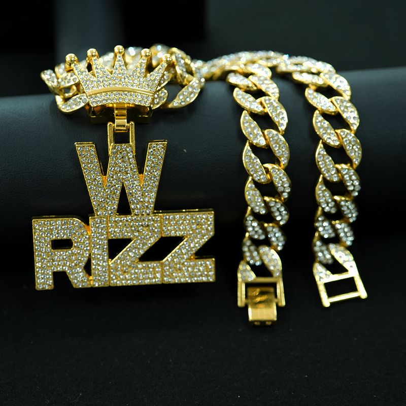 W RIZZ Full Diamond Alloy Pendant Personalized Crown Men's Hip Hop Necklace_voghion.com