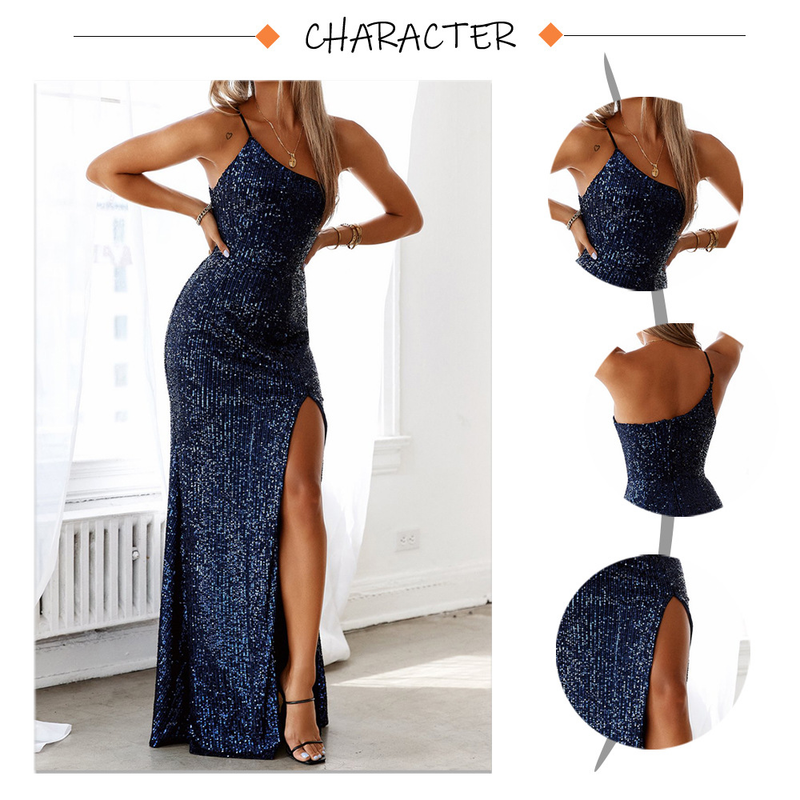 Abito da donna da donna con una spalla e paillettes di lusso con spacco elasticizzato e gamba aperta per la festa nuziale_voghion.com