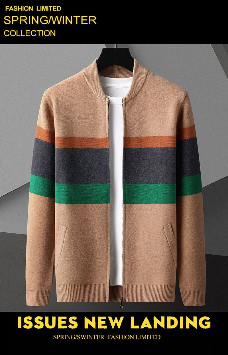 Men's Color-Block Zip-Up Sweater – Trendy Knit Cardigan With Baseball Collar, Loose Fit Casual Pullover For Autumn_voghion.com