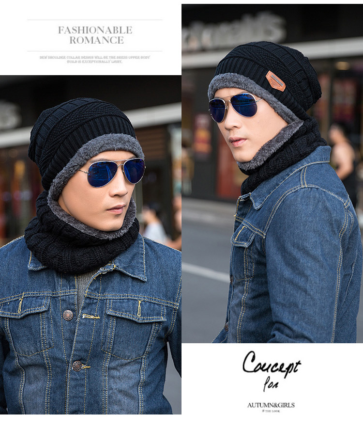 Cappello invernale da uomo alla moda per l'autunno e l'inverno, cappello lavorato a maglia da uomo, più cappello pullover e sciarpa in velluto di lana ispessita_voghion.com