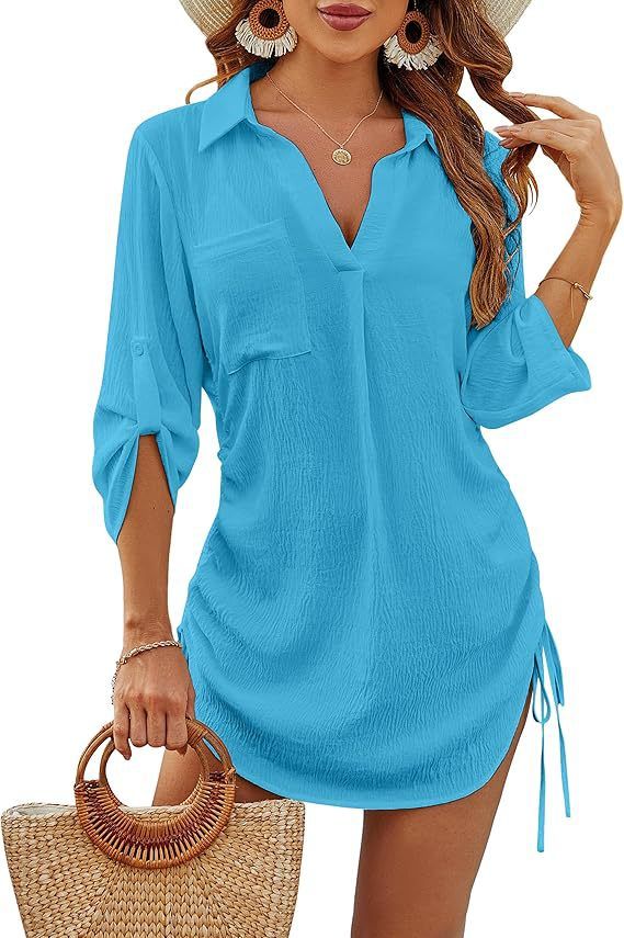 Women's Summer Beach Cover-Up Dress With V-Neck & Drawstring - Lightweight Polyester Swimwear Tunic For Bikini & Swimsuits_voghion.com