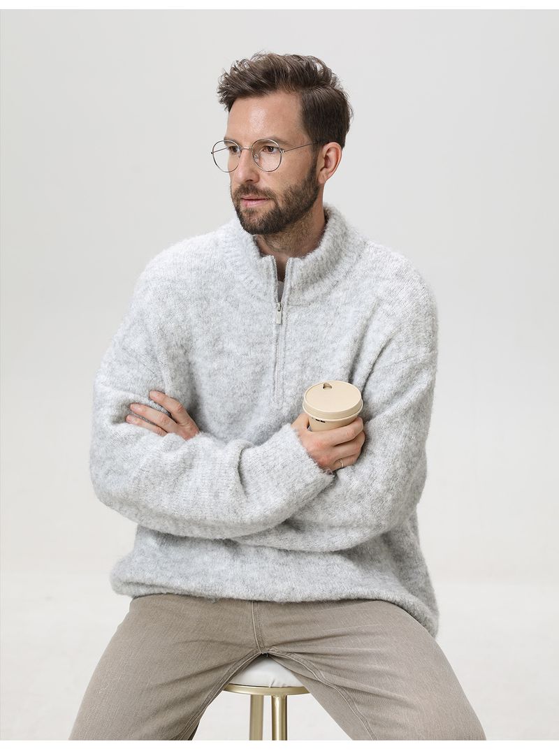 Men’s Heavyweight Loop-Knit Half-Zip Sweater – Winter Thermal Pullover With Stand Collar & Relaxed Fit (M-XXL, Charcoal/Heather Grey/Oatmeal)_voghion.com