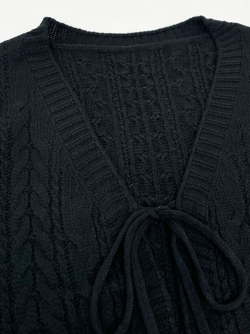 Elegant V-Neck Cable Knit Cardigan With Bow Tie & Lantern Sleeves - Soft Acrylic Blend Women's Sweater For Casual Chic Style (Navy/Black/Red, S-XL)_voghion.com