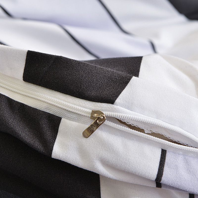 Modischer Bettbezug mit geometrischem Muster in Schwarz und Weiß, 3-teiliges Bettwäscheset, einfacher Bettbezug im Dreifarb-Nähte-Stil mit Kissenbezug_voghion.com