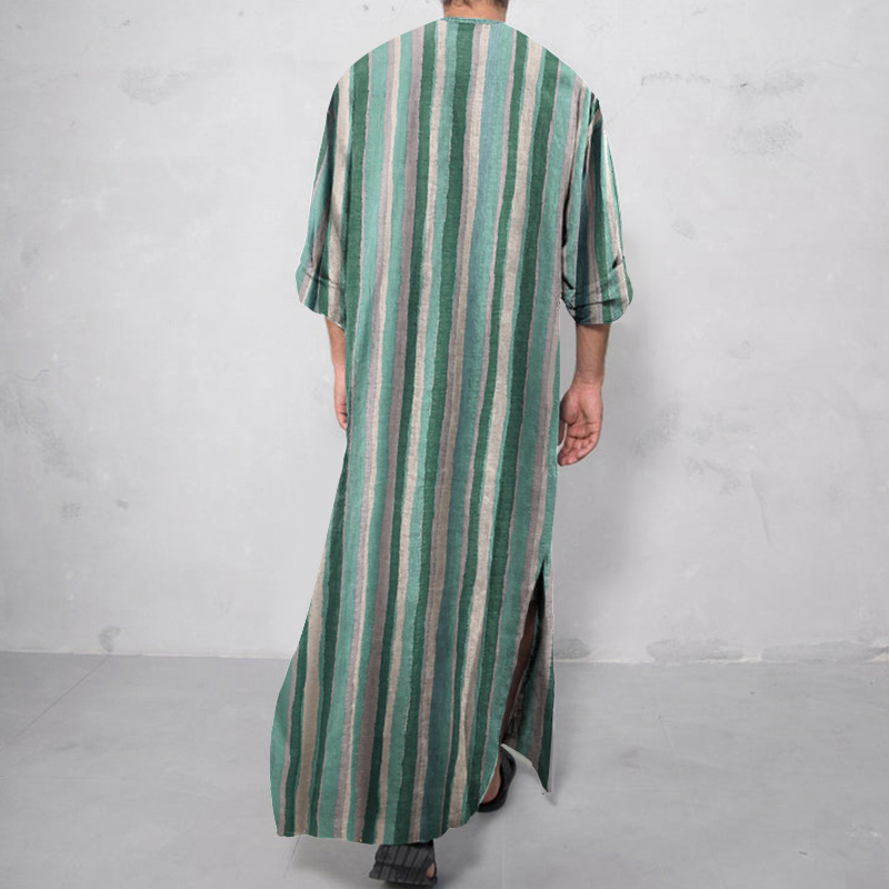 Muslim Robe New Style Men's Loose Door Stripe Long Sleeve Ready-Stock Ethnic Style Bodysuit_voghion.com