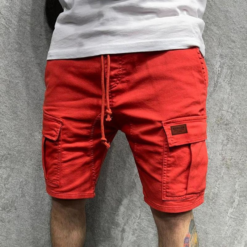 Calça cargo masculina casual de verão com vários bolsos, de cor sólida, com cordão, na altura do joelho, curta masculina_voghion.com