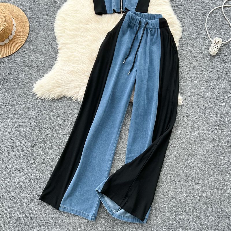 Ensemble complet de vêtements d'été pour femmes, haut décontracté à manches courtes et taille haute, pantalon large en denim à revers rétro, deux pièces_voghion.com