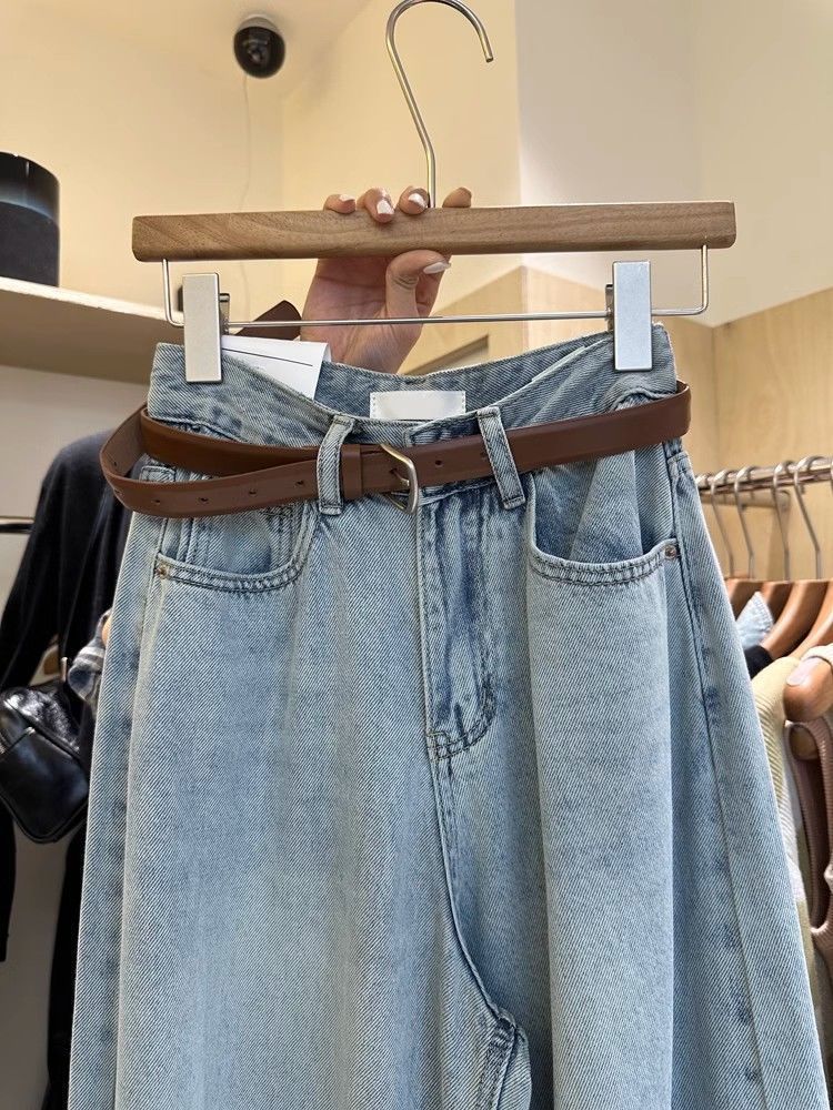 Korean Washed Jeans For Women, Autumn 2025 New High Waisted Loose Fit Slimming Straight Wide Leg Floor Pants_voghion.com