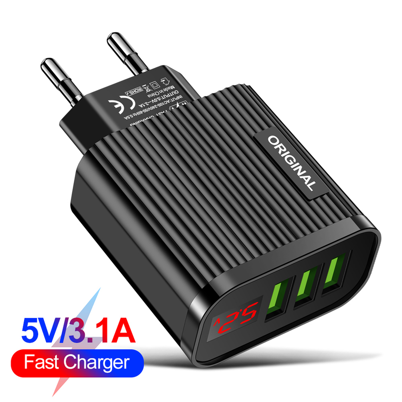 Chargeur USB avec affichage 3,1a 5V pour iPhone, 3 Ports, charge rapide, chargeur de téléphone mural pour iPhone Samsung Xia_voghion.com