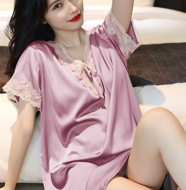 New Pajamas Women's Summer Ice Silk Loose Large Size European And Korean Version Sexy Lace Ice And Snow Silk Short-sleeved Nightdress Loungewear_voghion.com