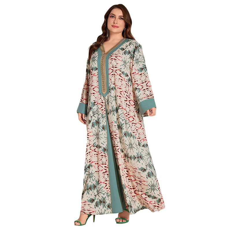 Elegantes Dubai Muslim Party Abaya Kleid mit arabischem Blumendruck – Plus Size Langarm-Maxikleid für Frauen, bequem und stilvoll_voghion.com