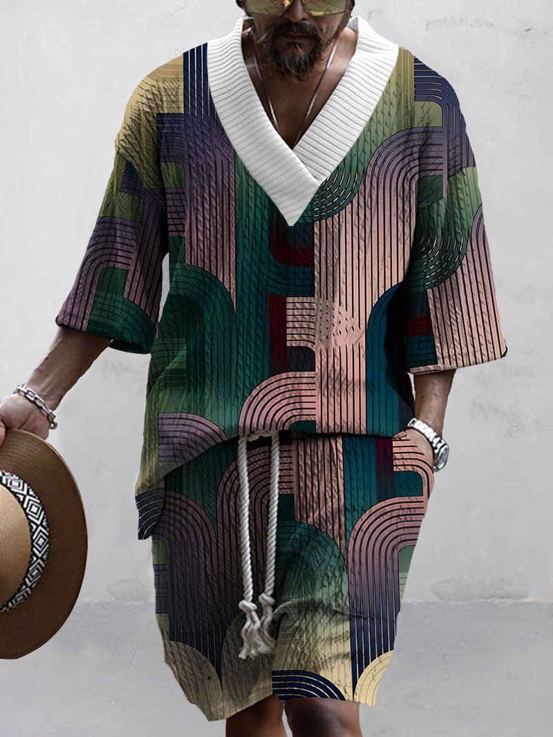 Roupas masculinas tecnologia xadrez estampa tamanho grande ombro caído malha manga curta shorts terno_voghion.com