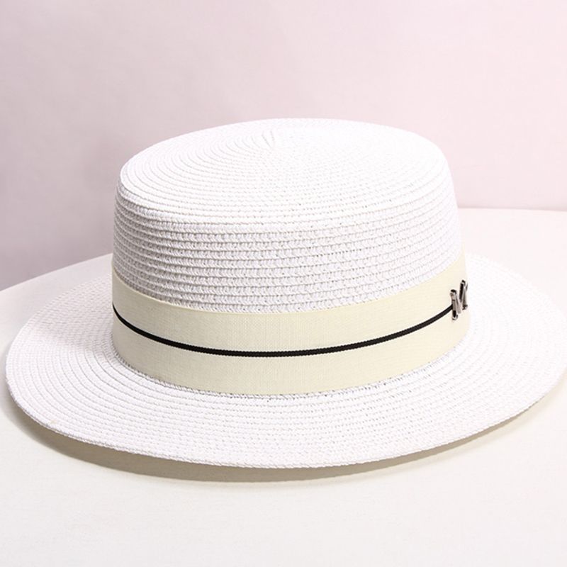 Sombrero de paja estilo canotier de ala ancha para mujer, sombrero clásico de playa con lazo plano, estilo fedora, para verano, 2024_voghion.com