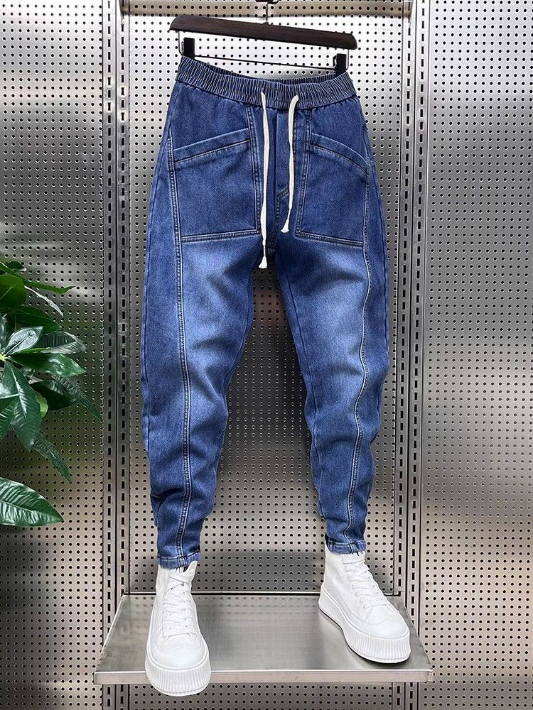 Frühling und Herbst Herren Simple Jeans Mode Neue Patchwork Vielseitige Slim Jogger Washed Haremshose_voghion.com