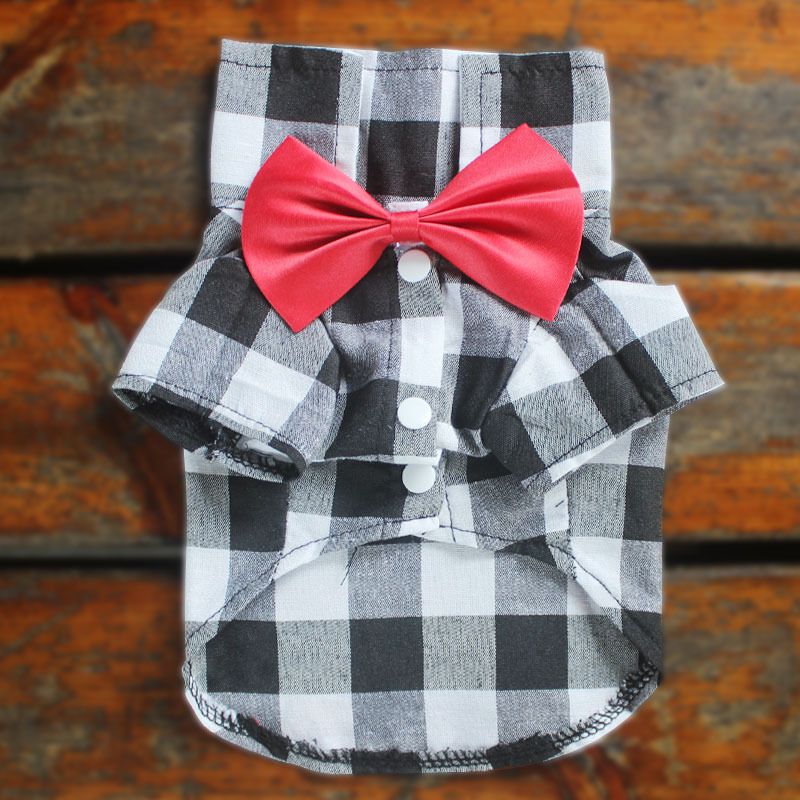Chemise à carreaux avec nœud tendance pour chien, costume de printemps et d'automne, robe de mariée, vêtements pour animaux de compagnie_voghion.com