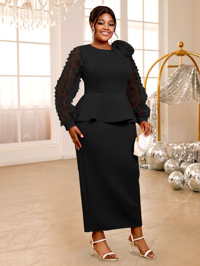 Elegantes Partykleid in Übergröße – Fließendes Midikleid mit Glockenärmeln und Rüschensaum, schwarzes Abendkleid mit hoher Taille für Damen_voghion.com