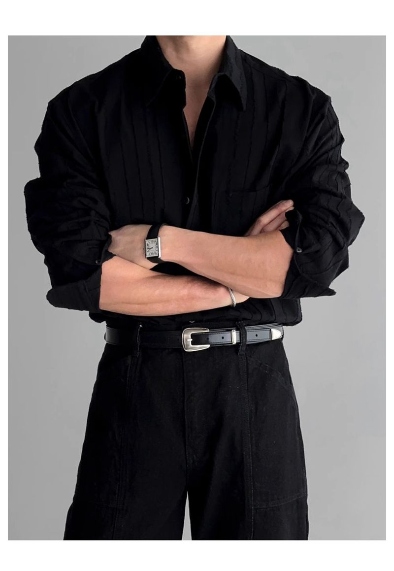 Camicia a maniche lunghe sottile con tasca in tinta unita da uomo, primavera e autunno, Dongdaemun, nuova camicia a nicchia larga strutturata di fascia alta_voghion.com