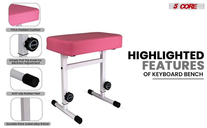 5 CORE Keyboard Bench Piano Stool T Style Pink Thick Padded Cushion Seat | Height Adjustable 17 To 22 Inch | Keyboard Chair (PU Leather) KBB H-ADJ PNK_voghion.com