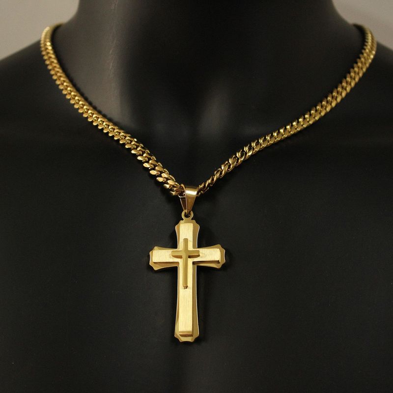 Collana con ciondolo a croce a tre strati in acciaio inossidabile al titanio e catena cubana_voghion.com