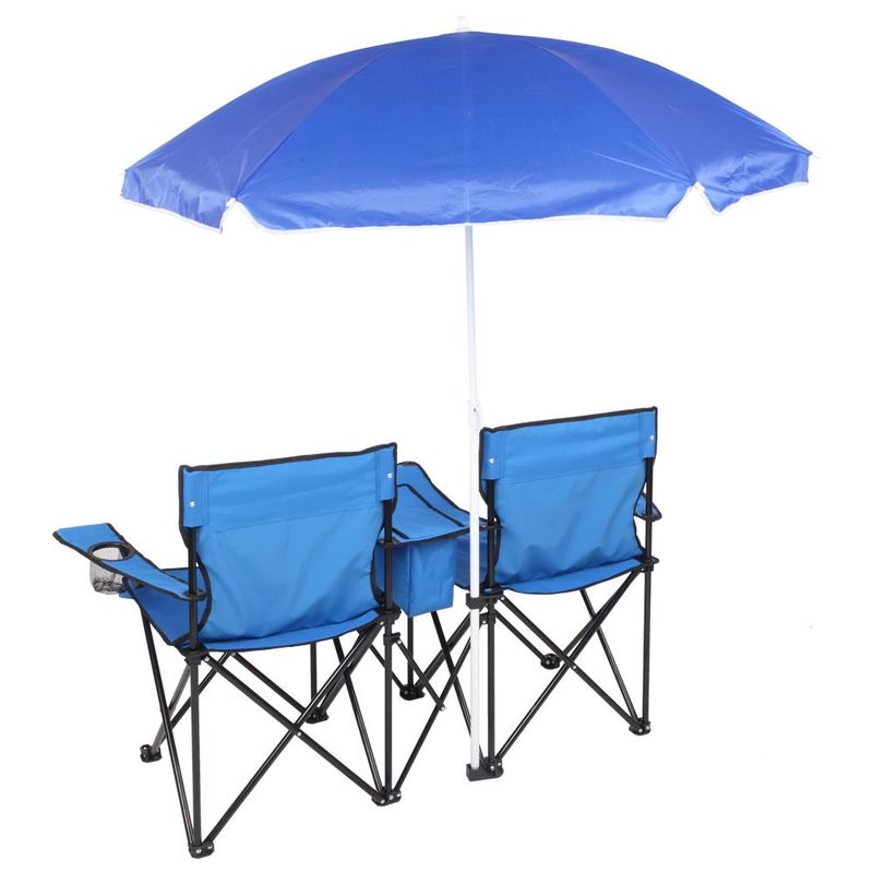Portable Folding Picnic Double Chair With Umbrella, Table & Cooler – Beach Camping Chair, Red/Gray Palm Tree Design, Black Pineapple Pattern – Perfect For Outdoor Patio & Picnic_voghion.com