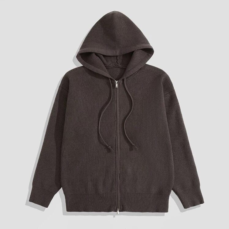Retro-Strickjacke mit Reißverschluss – Übergroßer Kapuzenpullover für Herren (Polyester, maschinenwaschbar, Jacquard-Muster, Grau/Schwarz/Beige, Unisex-Lockere Passform)_voghion.com