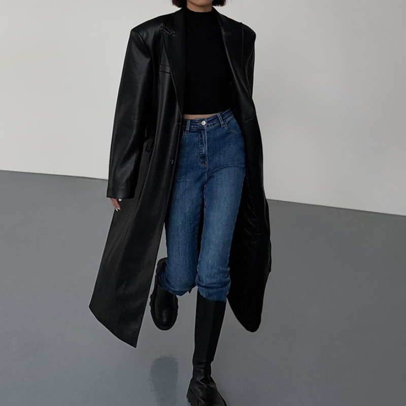 Cappotto casual da donna sopra il ginocchio in pelle pu_voghion.com
