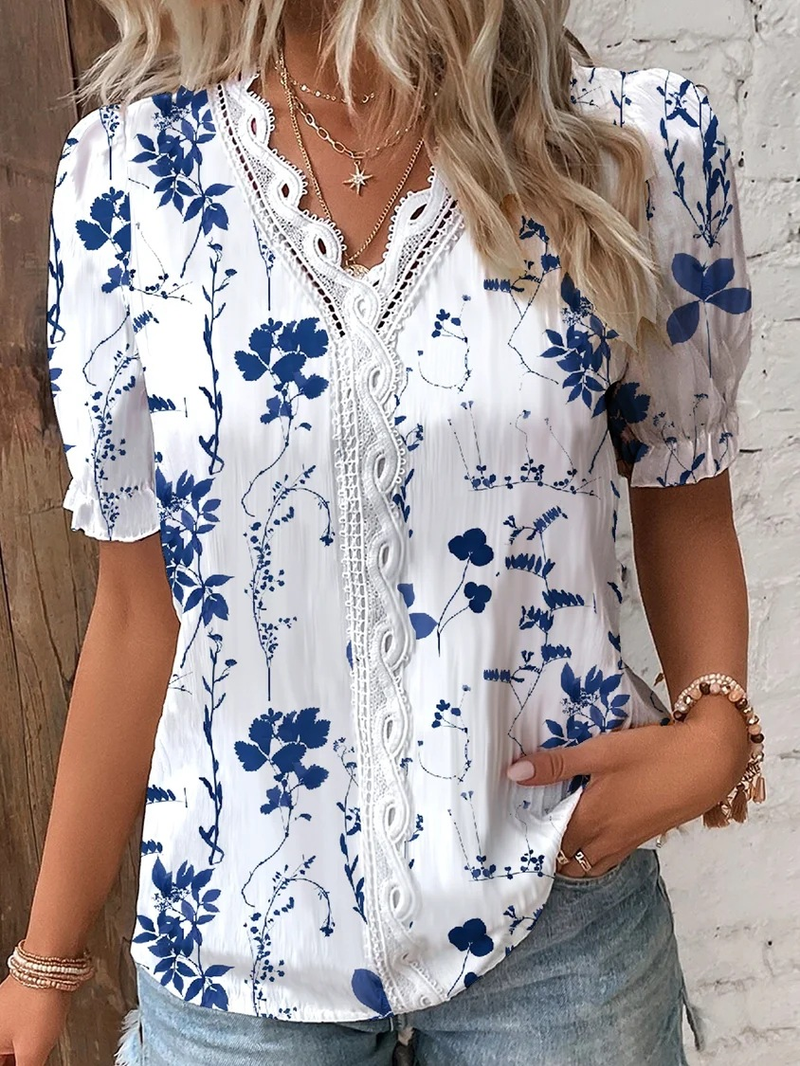 Camicia da donna estiva con stampa patchwork in pizzo e scollo a V, stile caldo_voghion.com