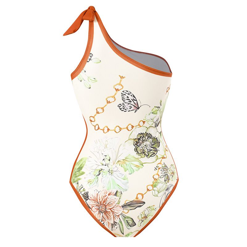 Langqi 2023 New Women's Light Elegant Print Panel Contrast Beach Sunscreen Skirt One Shoulder Two Piece Swimwear_voghion.com