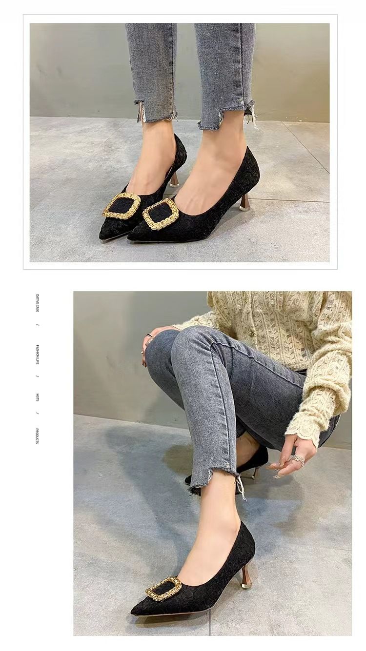 Zapatos de trabajo de tacón alto con hebilla cuadrada y punta cuadrada ligeros para mujer, zapatos de mujer de color negro con punta puntiaguda, zapatos sencillos de otoño nuevos_voghion.com