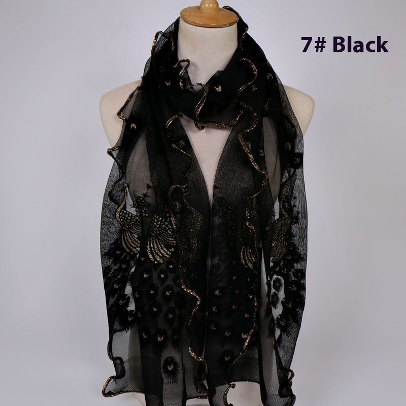 Peacock Plush Breathable Long Scarf With Gold Foil And Lace Edging For Women_voghion.com