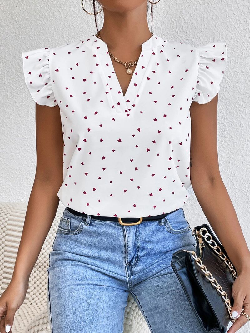 2025 nova modna ženska majica z naborki in potiskanim V-izrezom_voghion.com