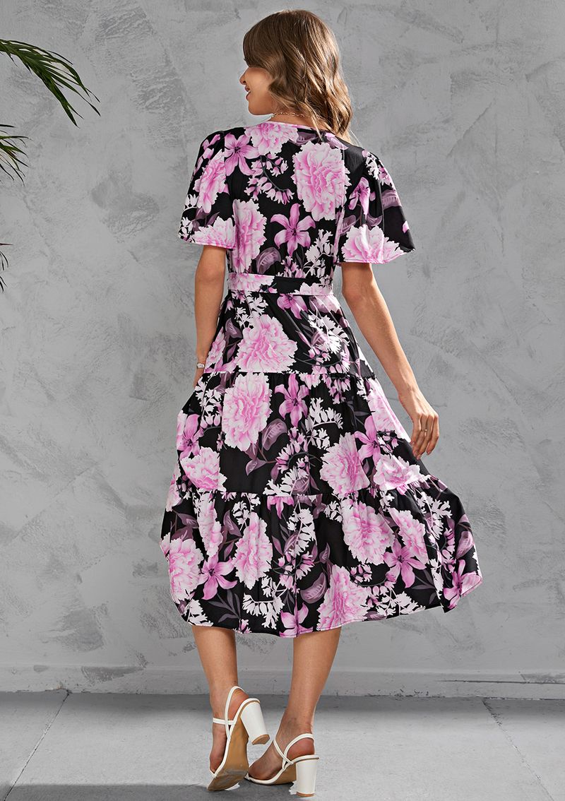 Abito estivo da donna con stampa, scollo a V, lunghezza vita, maniche corte_voghion.com