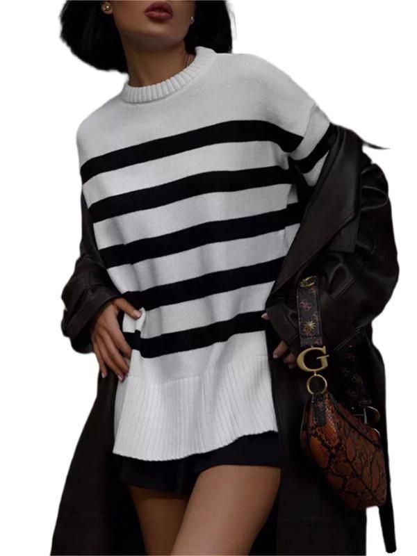 Abbigliamento da donna, maglione girocollo alla moda primaverile e autunnale da donna, classico, con orlo a righe e spacco sul davanti_voghion.com