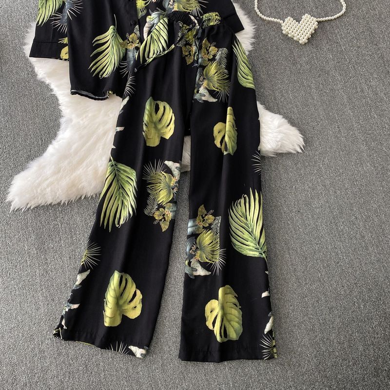 Damenbekleidung Retro Einreihiger Stehkragen Langarmhemd Design Bedruckte Jacke Zweiteiliger Anzug Hohe Taille Schlanke Hose mit weitem Bein_voghion.com
