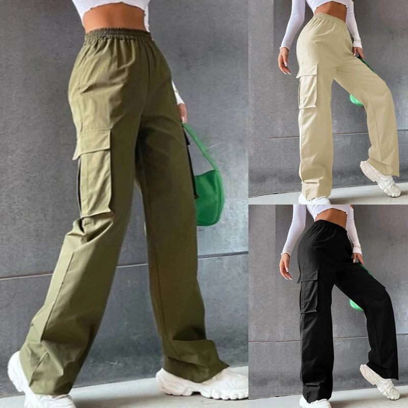 hot selling Fashion Multi Pocket Y2K Cargo Women's Casual Versatile Streetwear Baggy Pants Loose Elastic Waist Solid Colour Trousers_voghion.com
