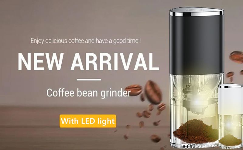 Elektrische Kaffeemühle, tragbare Kaffeemühle mit Mahlwerk, einstellbare Espressomühle mit LED-Beleuchtung, Kaffeebohnenmühle mit USB-Aufladung_voghion.com