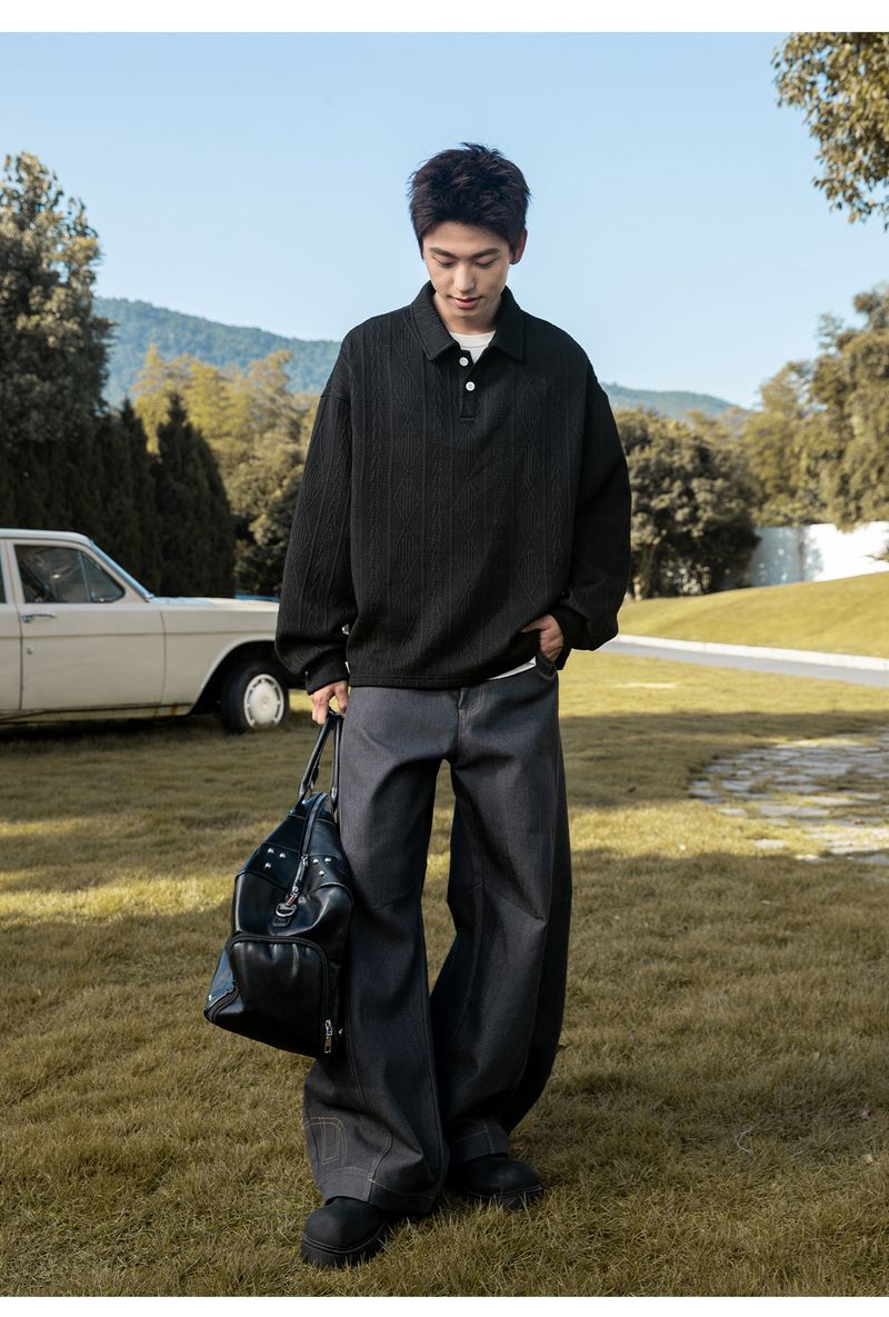 Felpa con colletto polo pesante di ispirazione vintage per uomo - Pullover a maniche lunghe in jacquard testurizzato con stile retrò (nero, bianco sporco)_voghion.com
