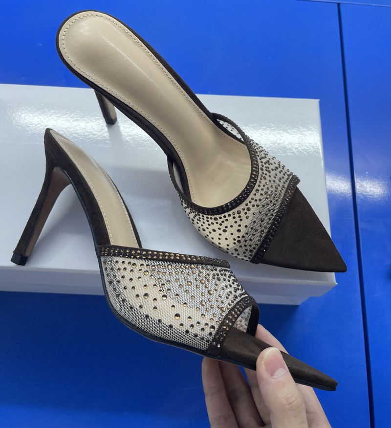 Pantofole con tacco a spillo e strass da donna con gonna, scarpe a punta con tacco alto per uso esterno, alla moda e che non affaticano i piedi._voghion.com