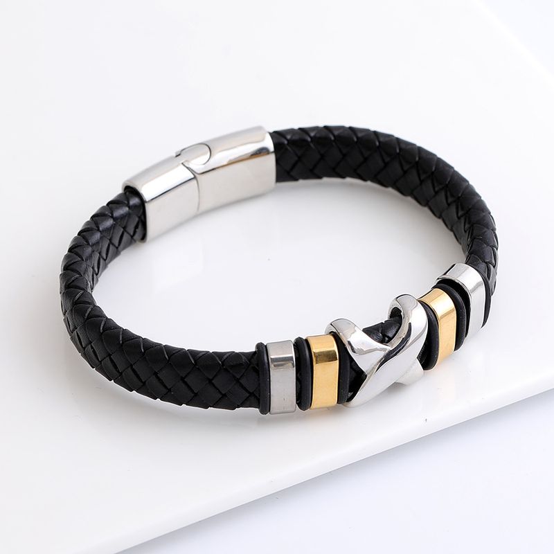 Stainless Braided Rock Style Men's Titanium Steel Bracelet X Leather Wristband_voghion.com