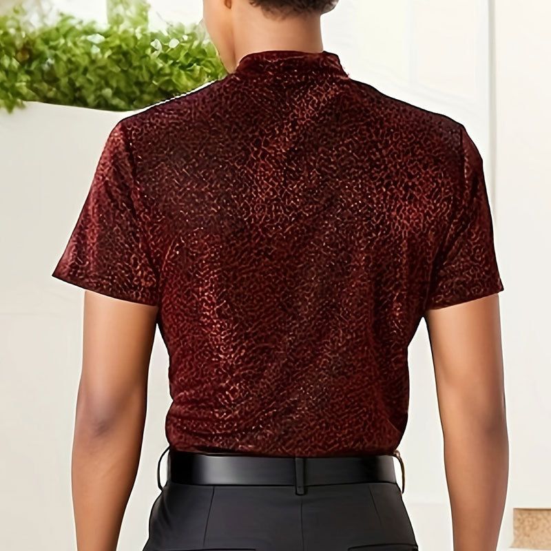 Men's Clothing Men's Personalized Textured Short Sleeved Bottoming Shirt Versatile Tight Sexy High Neck Stretch T Shirt_voghion.com
