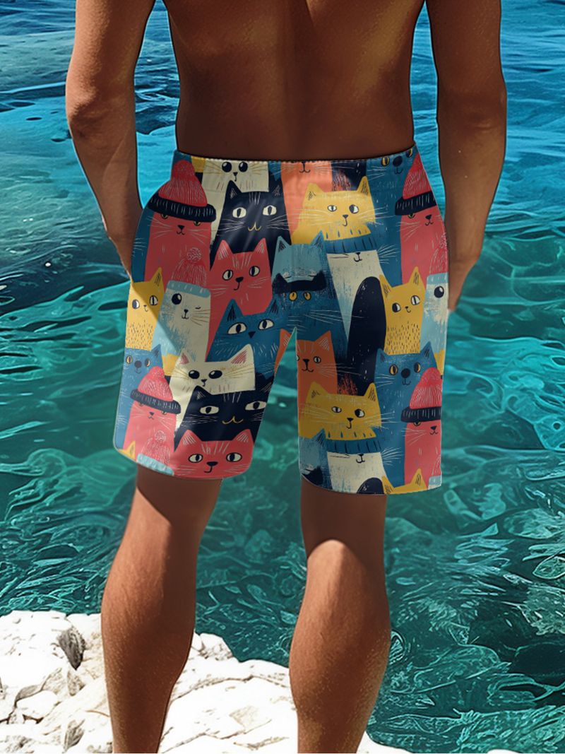 Unbeatable Quality New Men's Fitness Running Sports Basketball With Creative Cat Print Pattern Beach Shorts_voghion.com