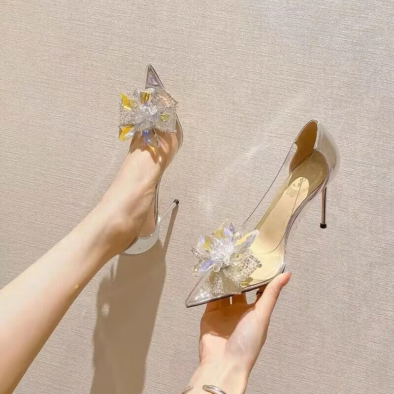 Sandales à talons hauts pour femmes, mode fleur de cristal Transparent PU, sandales à enfiler peu profondes, nouvelles chaussures de mariage élégantes Banquet Sexy_voghion.com