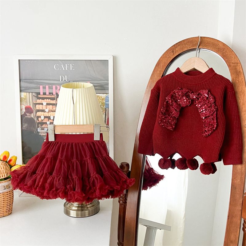 Completo abito in maglia per bambine con fiocco e gonna in tulle arcobaleno - Morbido completo invernale per bambine e bambini (3-8 anni, 100-140 cm)_voghion.com
