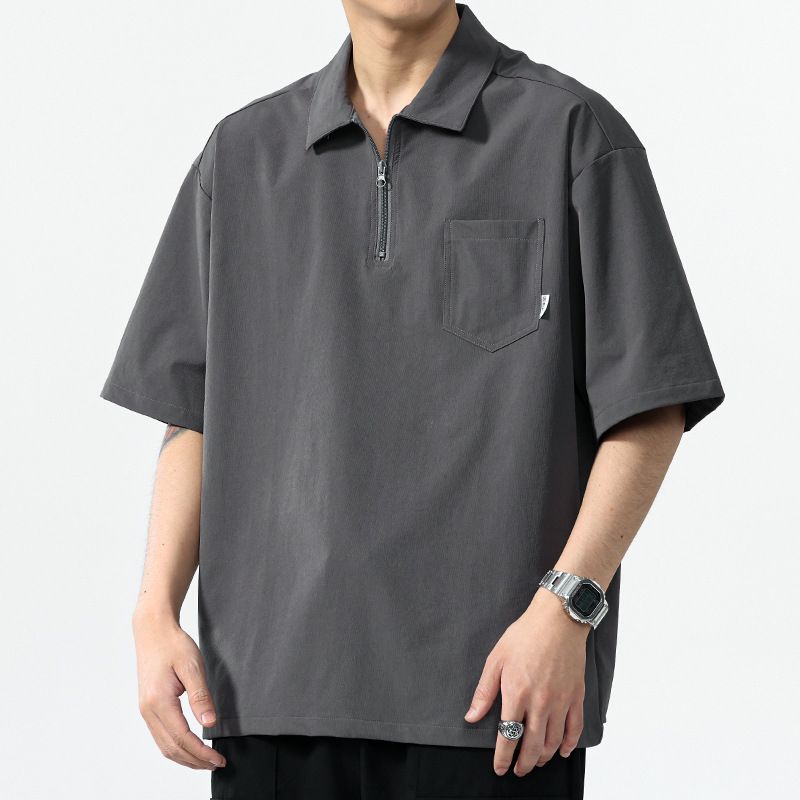 T-shirt da lavoro estiva a maniche corte, sottile, alla moda e ampia, con mezza cerniera, per uomo_voghion.com